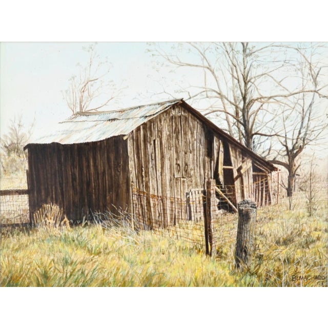 Watercolor depicting a rural landscape featuring an old barn near Sunnyvale, California, by artist Bart Machado (American,...