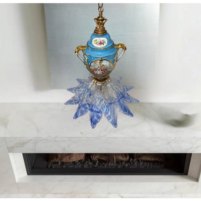 Murano Antique Sevres-Style Bleu Celeste Romantic Floral Porcelain With Murano Art Glass Lotus Blue Shade For Sale - Image 4 of 17