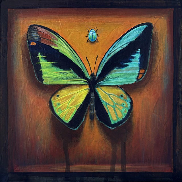 Hybrid Butterfly 66 by Stacy D'Aguiar | Acrylic on wood depicting a colorful butterfly and beetle. For Sale
