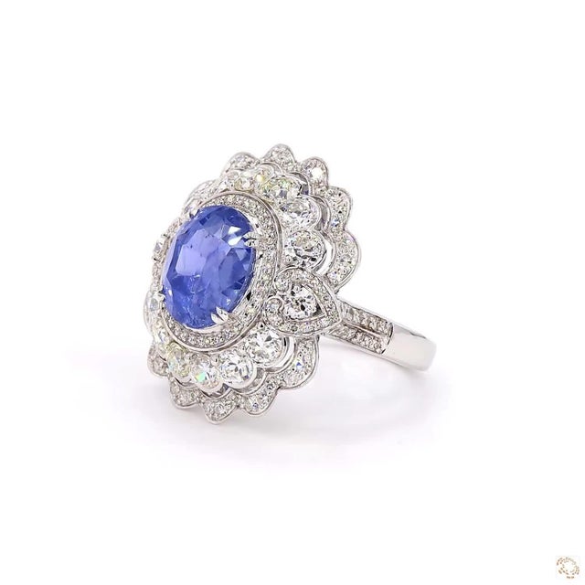 Modern 2.58 Carat Old European Cut Diamond Blue Sapphire Gold Ring, Size 6.5 For Sale - Image 3 of 9