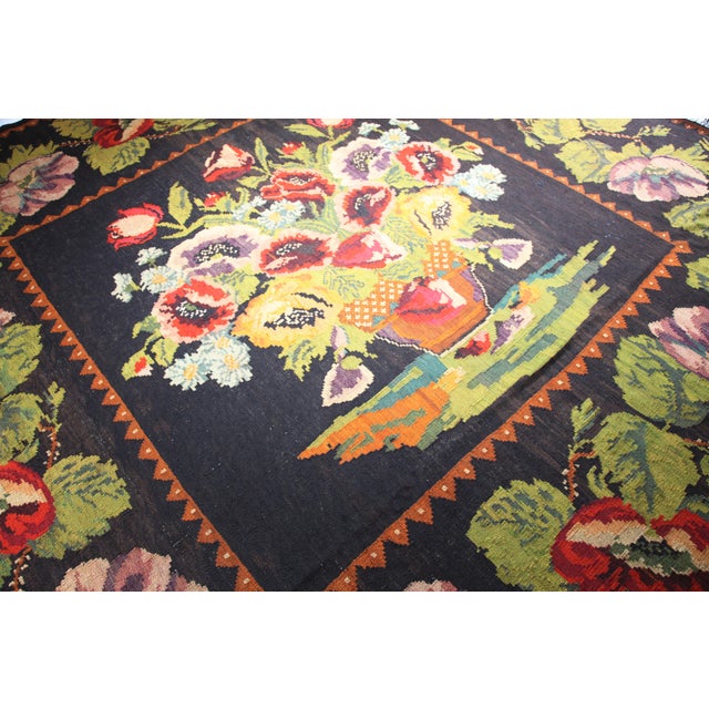 Textile Vintage Moldovan Floral Kilim With Central Vase Bouquet – Handwoven Eastern European Flatweave Square Kilim - 8' 8'' X 9' 2'' For Sale - Image 7 of 11