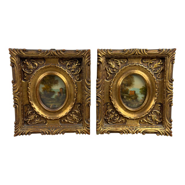 Unknown, Miniature Landscapes, 1950s, Oil on Copper, Framed, Set of 2 For Sale