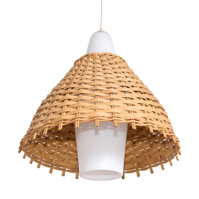 Vintage Pendant Light in Glass & Rattan For Sale