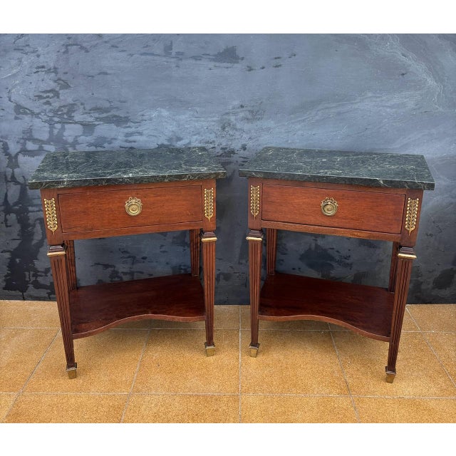 French Louis XVI Style Nightstands with Marble Tops, 1920, Set of 2 For Sale - Image 4 of 15
