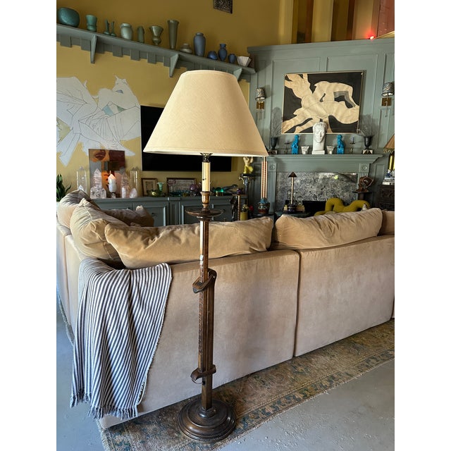 1940s Frances Elkins Prototype Mahogany Adjustable Ratchet Floor Lamp With Rh Linen Shade For Sale - Image 9 of 10