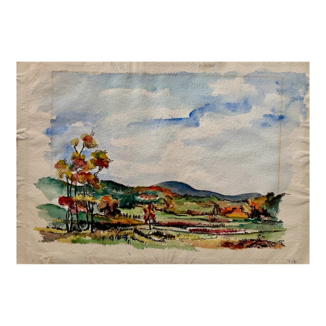 Henry Emil Salloch Original Watercolor on Paper Autumn Landscape With Rolling Hills, 1940. For Sale