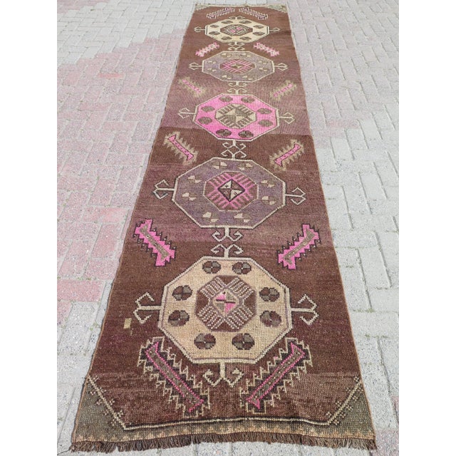 Brown 60s Geometric Design Turkish Kars Carpet Runner Rug For Sale - Image 11 of 11