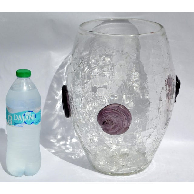 1960s Large Blenko Crackle Art Glass Vase Textured Clear Surface Purple Flowers For Sale In Miami - Image 6 of 18