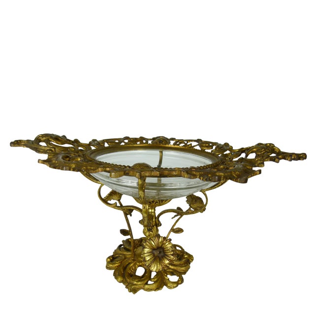 1950s Art Nouveau Brass Tazza Centerpiece Blown Glass Bowl . Swivel Floral Branches For Sale - Image 5 of 16