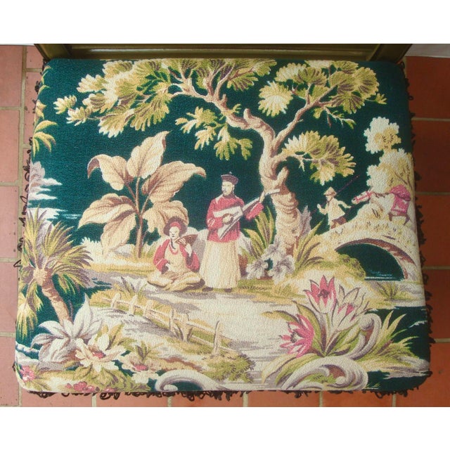 Chinoiserie Vintage Barkcloth Upholstered Shield Back Side or Desk Chair Chinoiserie Print For Sale - Image 3 of 8