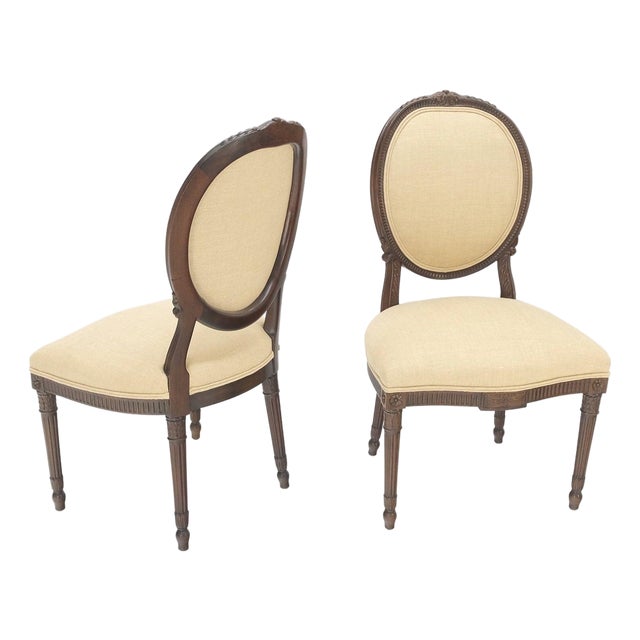 Pair of Finely Carved Walnut Cameo Back Louis XVi Side Fire Chairs New Upholster For Sale