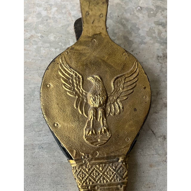 Vintage Federalist-Style Wood Leather Brass Plates Eagle Motif Fireplace Bellow For Sale - Image 4 of 7