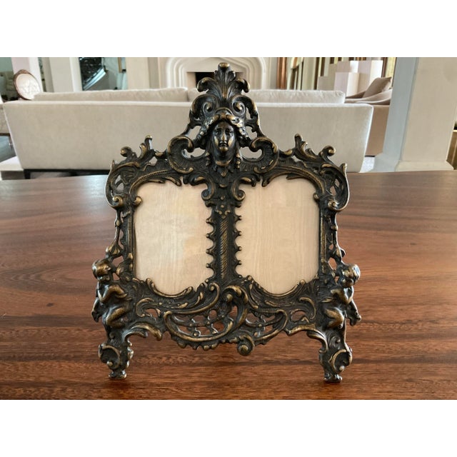 Vintage Victorian Baroque Rococo Style Ornate Brass Double Photo Frame With Cherub Face For Sale - Image 10 of 10
