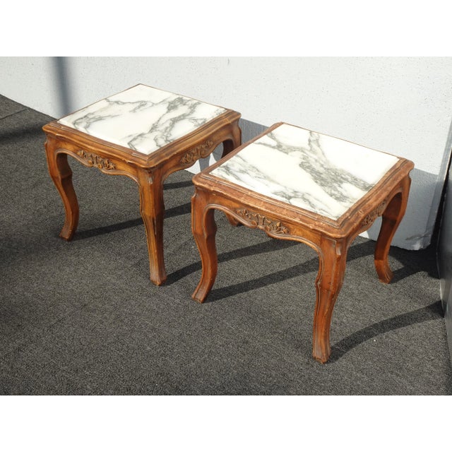 1970s Pair of Vintage French Provincial White Marble Top End Tables ~ Nightstands For Sale - Image 5 of 12
