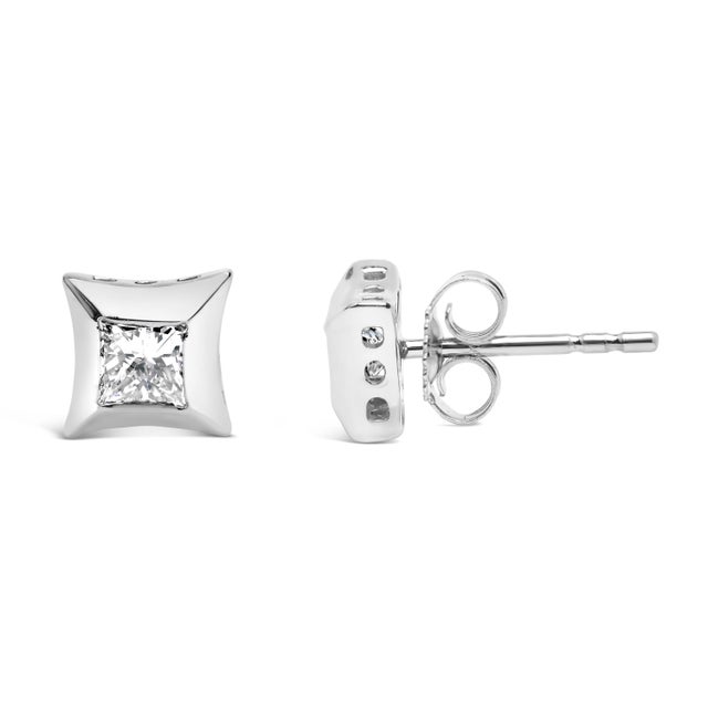Contemporary 10K White Gold 1/2 Cttw Invisible Set Princess-Cut Diamond Stud Earrings (H-I Color, SI2-I1 Clarity) For Sale - Image 3 of 6
