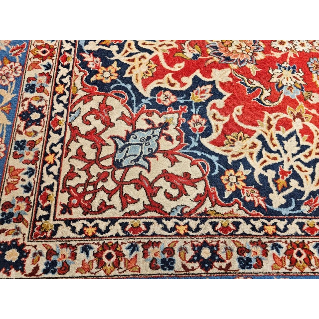 Vintage Room Size Persian Isfahan Rug, Handwoven Floral Pattern, Red & Blue, 9’ X 12’ For Sale - Image 9 of 12