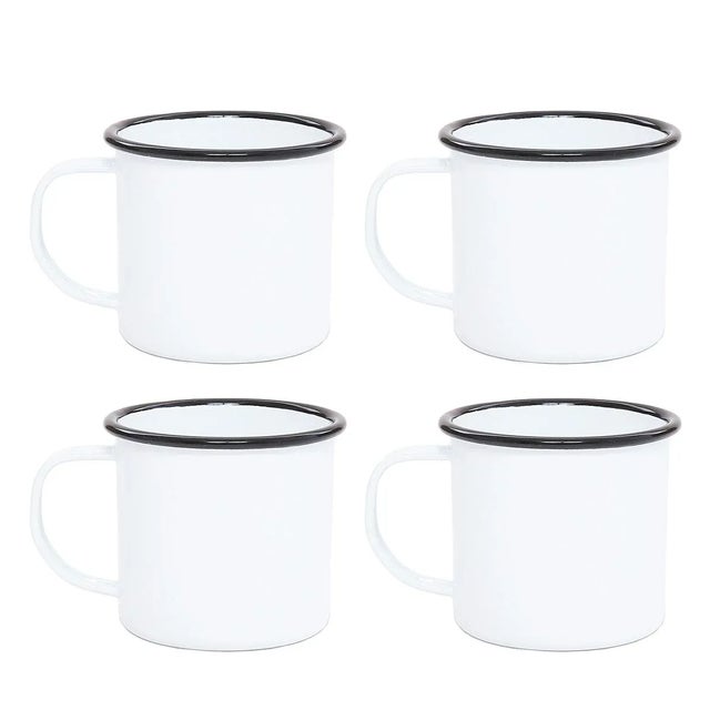 Crow Canyon Home Enamelware, Vintage 12 oz. Mugs in White with Black Rim - Set of 4 For Sale In San Francisco - Image 6 of 6