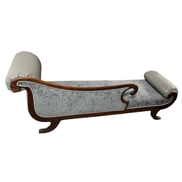 Mexican ‘Empress Carlota’ Mahogany Empire Chaise - Circa 1860s - Reupholstered With New Otomi Hand Embroidery and Leather For Sale - Image 3 of 12