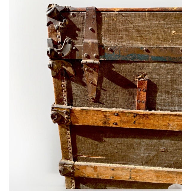 Early 1900s European Antique Travel Trunk With Wood Slats & Metal Hardware For Sale - Image 12 of 12