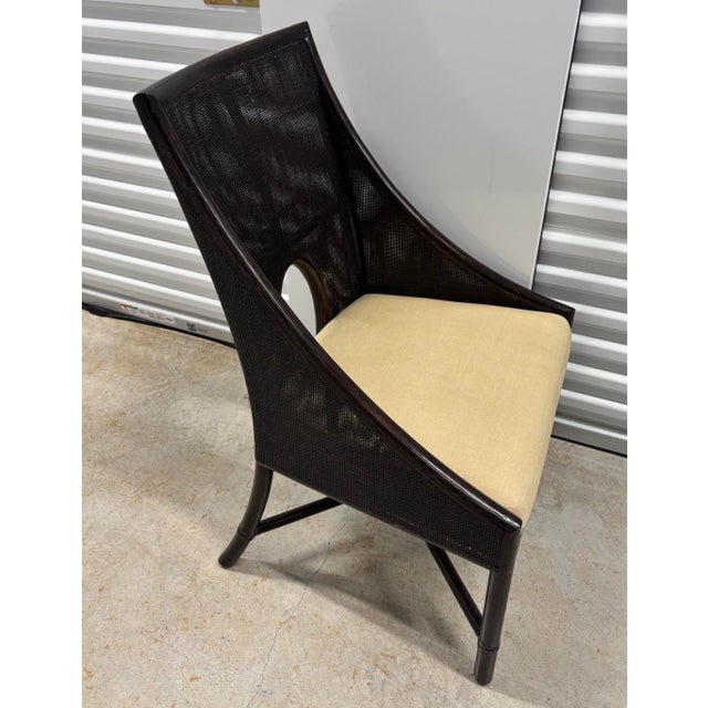 Contemporary 6 Barbara Barry, McGuire, Oval Back Cane and Rattan Dining Chairs. Chairs Have a Tobacco Black Rattan Frame With Upgraded Tan Linen Upholstery. For Sale - Image 3 of 9