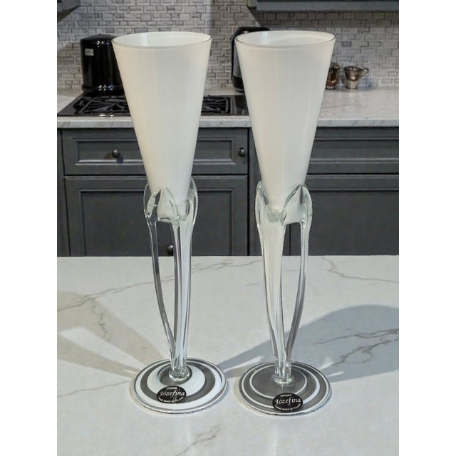 This listing is for a pair of vintage Krosno Józefina hand-blown white art glass champagne flutes from Poland. These...