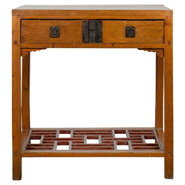 Chinese Qing Dynasty Period Console Table with Two Drawers and Fretwork Shelf For Sale - Image 13 of 13