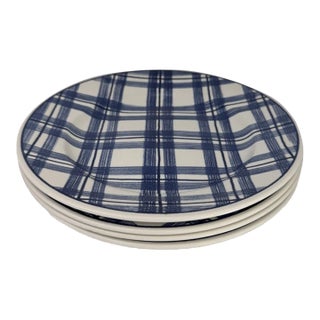Vintage Mid-Century Modern Blue Paid Gingham Made in England 8” Salad Plates- Set of 4 For Sale