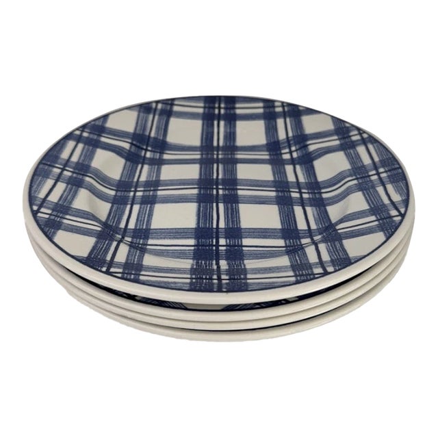 Vintage Mid-Century Modern Blue Paid Gingham Made in England 8” Salad Plates- Set of 4 For Sale