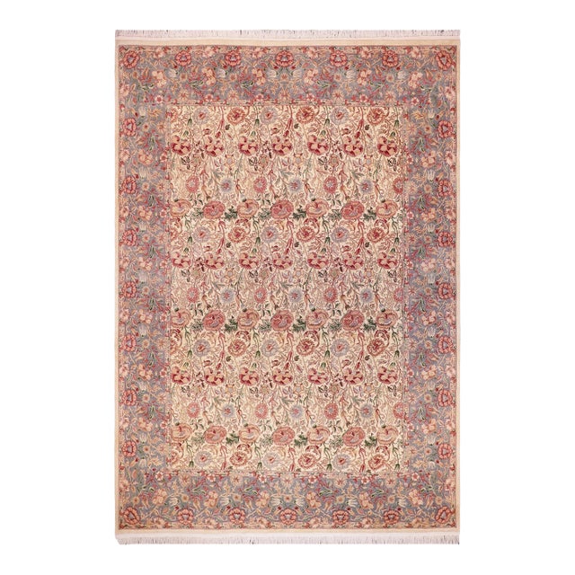 Shabby Chic 1990's Floral Pak-Persian Ivory/Blue Wool Rug - 9'0'' X 11'11'' For Sale