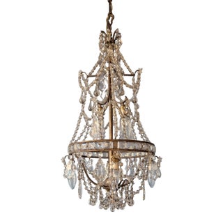 Antique 1910s Art Nouveau Brass Ceiling Crystal Chandelier For Sale