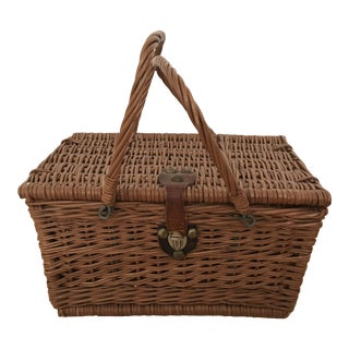 Vintage Rustic Wicker Covered Basket with Handles For Sale