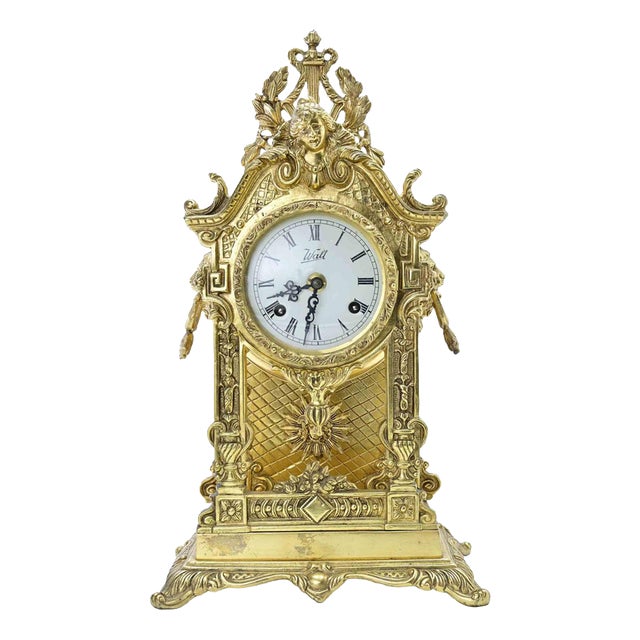 Vintage Gilded Italian Mantel Clock, Mid-20th Century For Sale