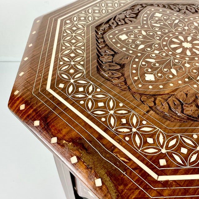 1970s 1970s Vintage Boho Chic Moroccan Mediterranean Octagonal Wood Inlaid Drinks Table For Sale - Image 5 of 12