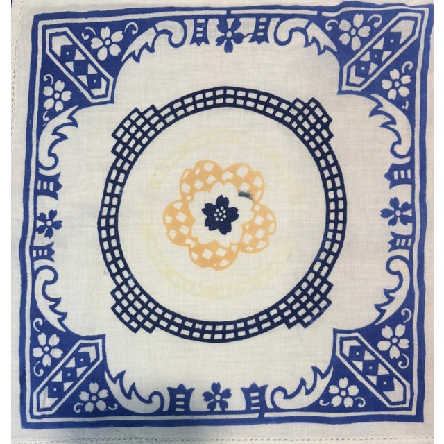 Late 20th Century Vintage Blue and White Hand Blocked Chinoiserie Hemstitched Linen Table Cloth For Sale - Image 5 of 10