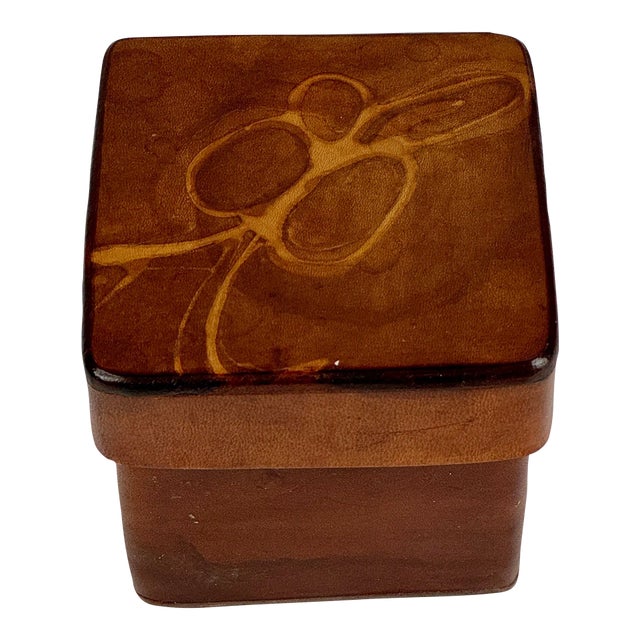 1970s Singed Square Vintage Leather Box With Illustrated Lid