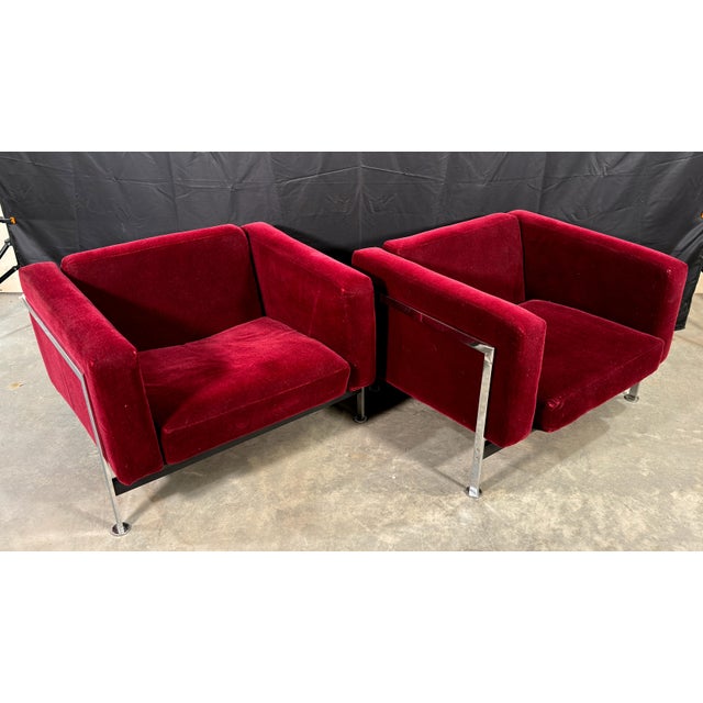 Stendig Mid-Century Modern Cube Lounge Chairs in Burgundy Mohair Velvet and Chrome, Robert Hausmann for De Sede Style - A Pair For Sale In Providence - Image 6 of 16