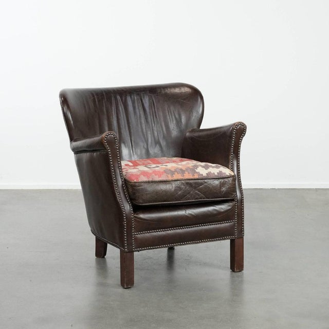 Dark Brown Armchair in Cowhide with a Reversible Kelim Seat Cushion For Sale - Image 17 of 17