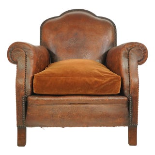Vintage French Art Deco Brown Leather Club Chair For Sale