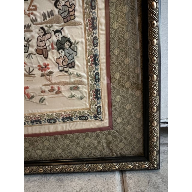 Vintage Framed Asian Chinese Tapestry "100 Children at Play" For Sale - Image 4 of 6