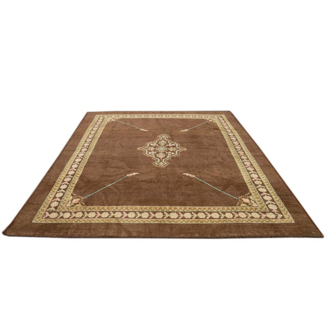 Mid-Century Modern Modern Revival Brown Handmade Medallion Floral Wool Rug For Sale - Image 3 of 8
