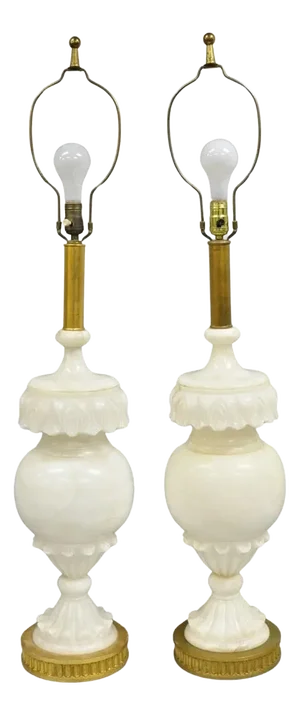 Early 20th Century Neoclassical Large Carved Solid Alabaster Marble Leaf Bulbous Table Lamps Pair