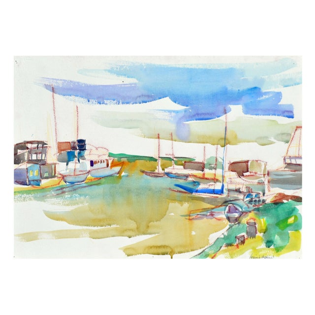 1980s Sail Boats in the Harbor Landscape by Virginia J Hughins For Sale - Image 5 of 5