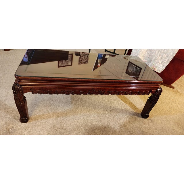 Asian Rosewood Coffee Table With Glass Top For Sale - Image 4 of 9