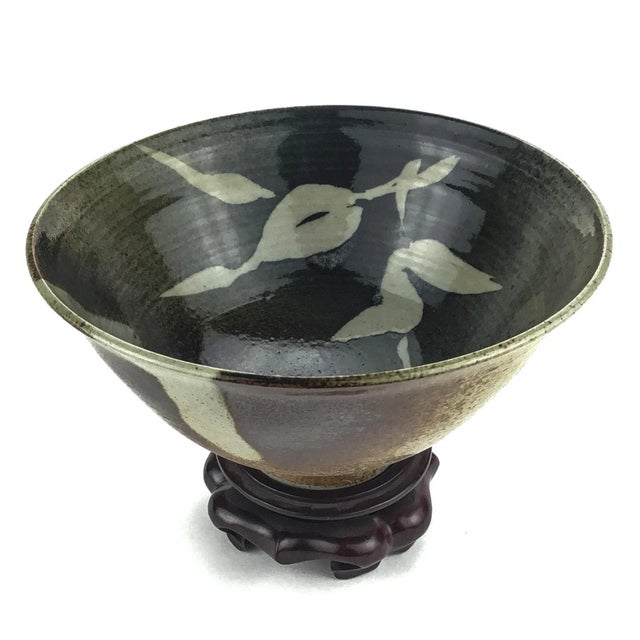 Vintage Japanese Artisan Clay Bowl With Rosewood Stand For Sale - Image 13 of 13