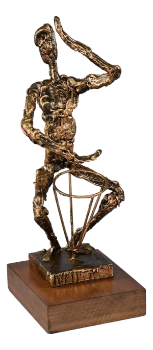 Mid-Century Gold and Black Brutalist Drummer Figurine Sculpture on Wood Pedestal