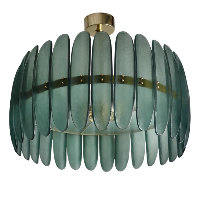Mid-Century Murano Green Art Glass and Brass Chandelier and Pendant For Sale
