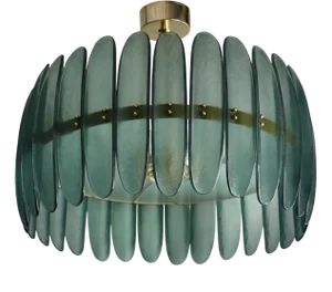 Mid-Century Murano Green Art Glass and Brass Chandelier and Pendant