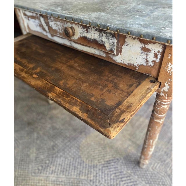 Antique French Solid Wood Table With Original Zinc Top For Sale - Image 4 of 6