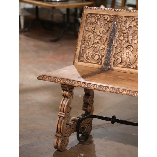 Late 19th Century 19th Century Spanish Renaissance Carved Chestnut Folding Bench With Iron For Sale - Image 5 of 12