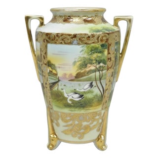 Antique Nippon Hand Painted Porcelain Twin Handled Vase W/ Swan & Lake Scene For Sale